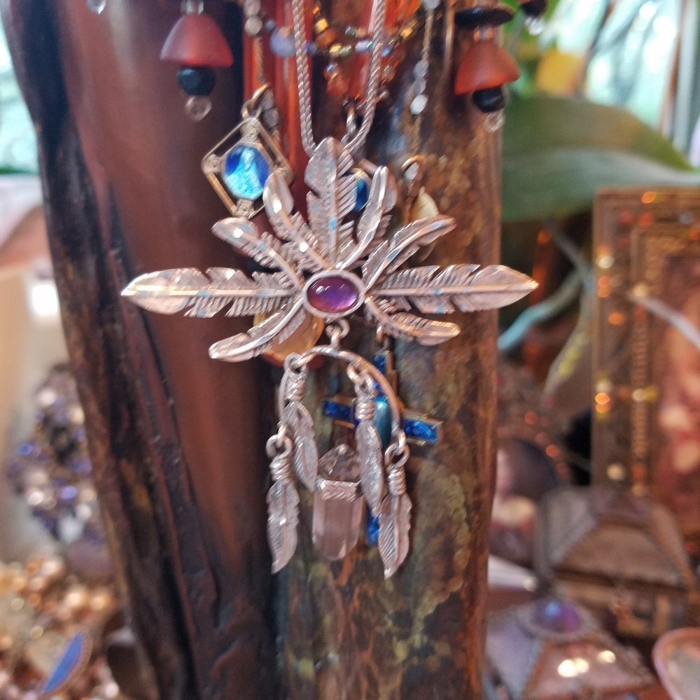 STERLING CRYSTAL & PURPLE STONE MARY JANE FEATHER NECKLACE